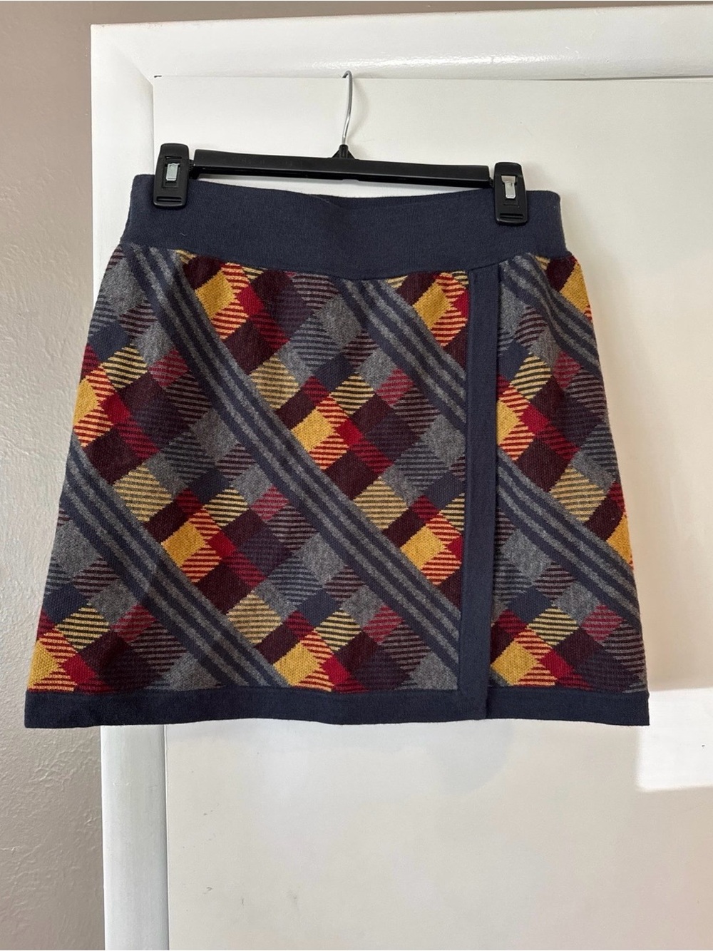 Title Nine Plaid Knit Mini Skirt in Navy, Gray, Mustard & Burgundy, merino wool